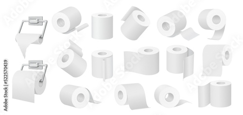 Toilet paper roll. Soft white rolls, empty tube and 3D kitchen towel vector set