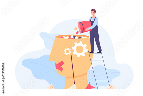 Tiny worker putting garbage in big human head. Internet propaganda or fake news, man littering mind of person flat vector illustration. Brainwashing, information, social media concept for banner