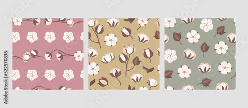 Cotton flower pattern. Soft bolls of blooming flowers, organic agricultural products and seamless cotton field background vector set