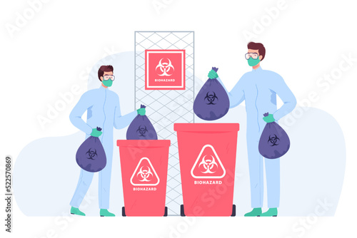 Workers in uniform throwing away biohazard garbage bags. Team of hospital workers disposing of medical waste flat vector illustration. Biohazard, danger, medicine concept for banner or landing page