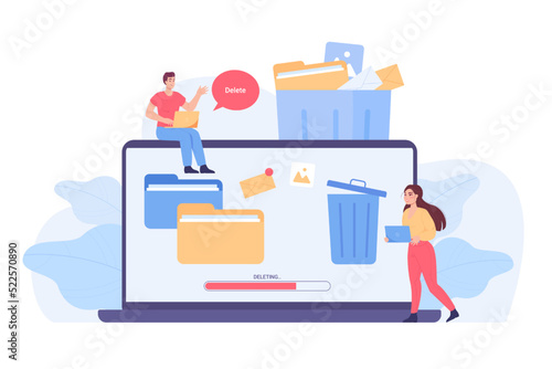 Tiny people and huge laptop with trash bin on screen. Speech bubble with word delete, process of deleting of files on computer flat vector illustration. Storage, digital data concept for banner