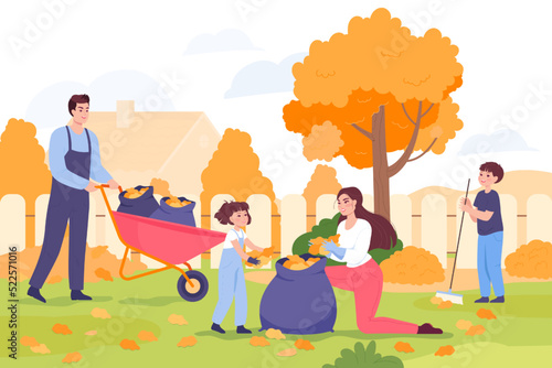 Happy family or neighbors collecting piles of leaves in yard. Boy raking leaves, park cleanup flat vector illustration. Autumn or fall, nature, ecology concept for banner or landing web page