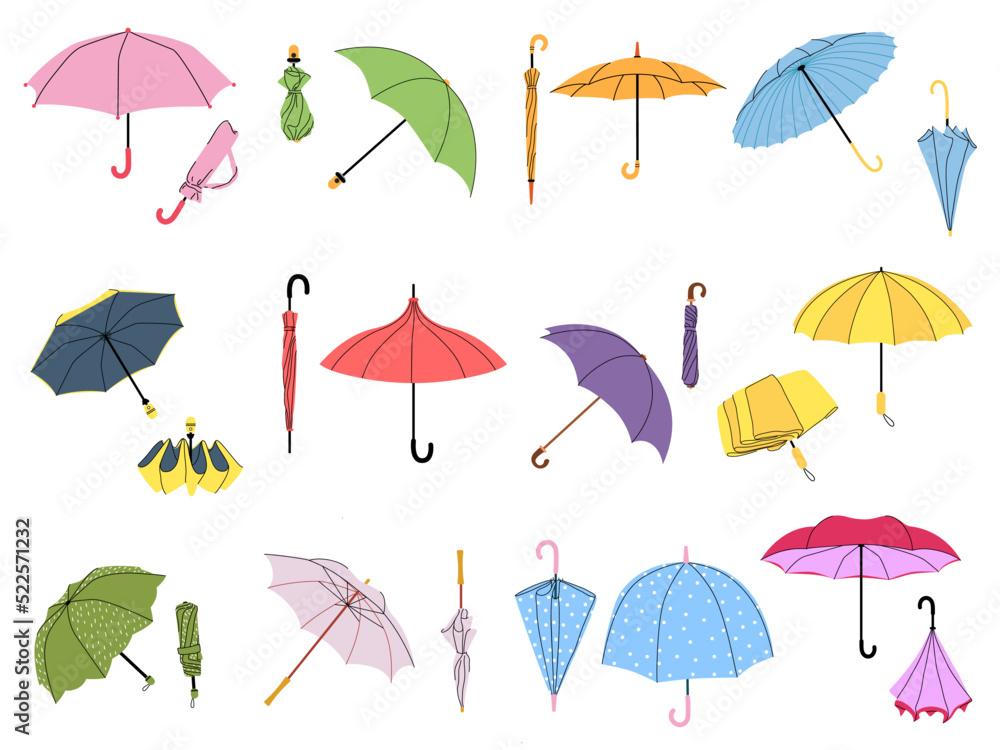 Obraz premium Various umbrellas. Folded parasol, open umbrella for rainy weather. Different shape accessories vector set