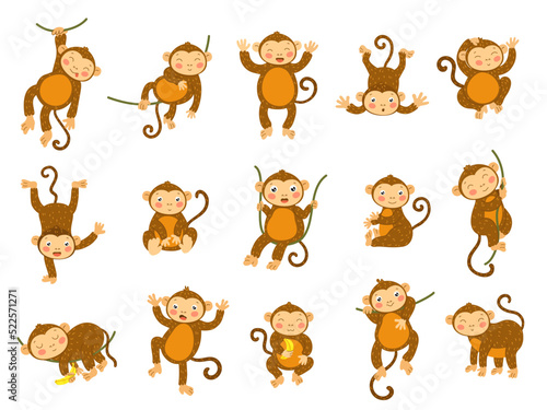 Cute monkey. Cartoon wild animals in different poses, funny ape monkeys and primate character vector set