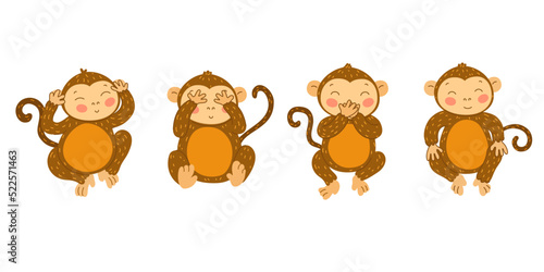Wise monkeys. Cute ape with hands covering mouth, eyes and ears. Blind, deaf and mute monkey. See, hear and speak no evil cartoon vector illustration