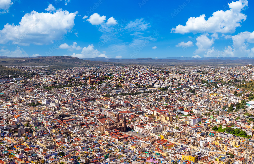 Mexico, panoramic bird eye view of skyline of Zacatecas historic city colonial center.