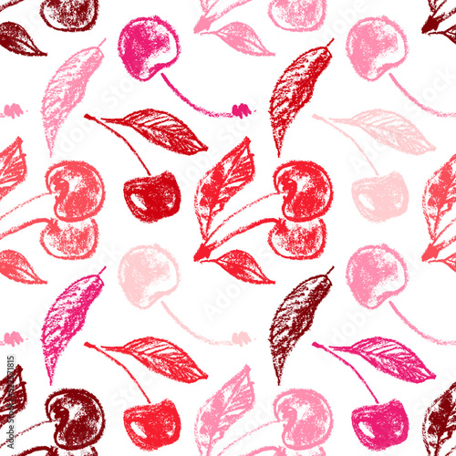 Color Cherry seamless pattern, Black Cheries vector illustration, hand drawn berry for vegan banner, juice, jam label design. Ripe berries background for baby food packaging. Cherry backdrop.