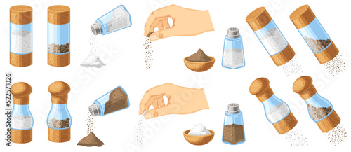 Adding salt and pepper. Pinch in hand, kitchen mill and transparent shaker. Bowl for cooking ingredients cartoon vector set