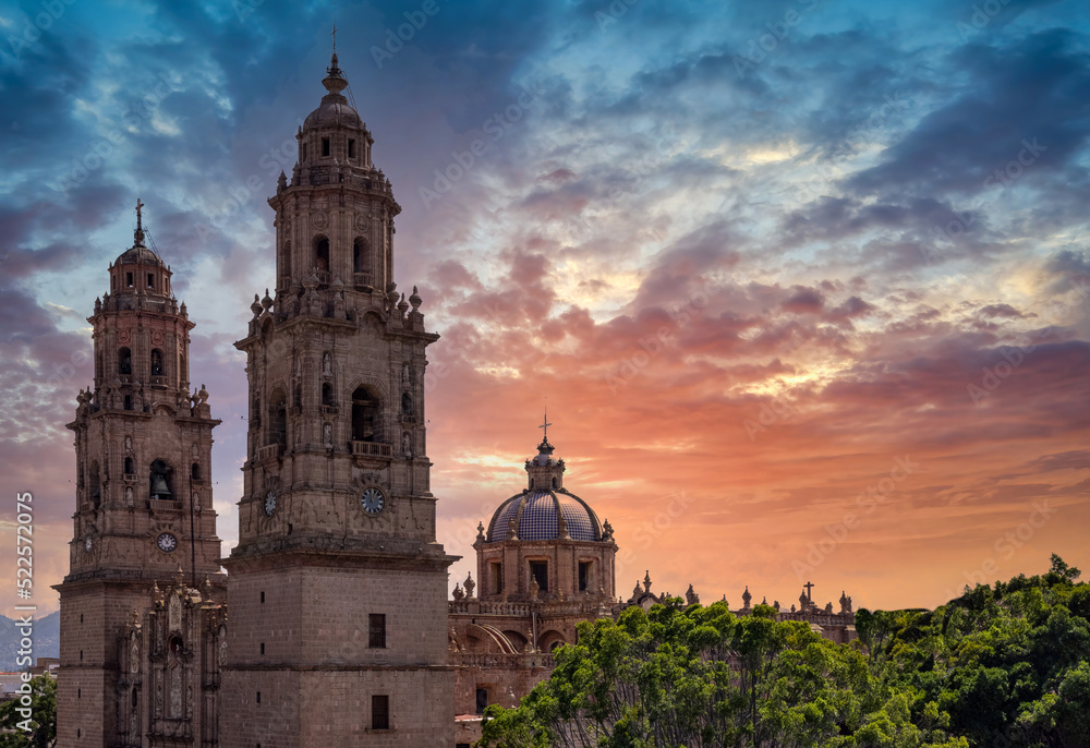 Mexico, Morelia, popular tourist destination Morelia Cathedral on Plaza de Armas in historic center.