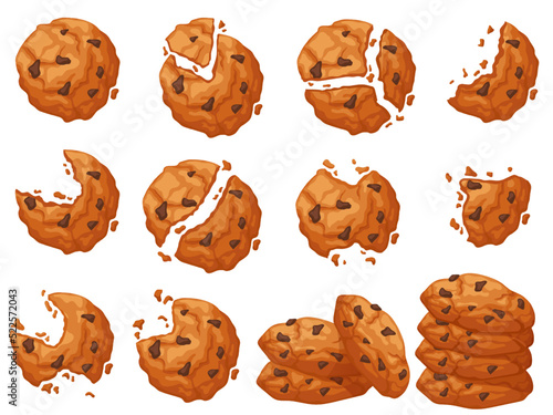 Chocolate chip cookie. Broken and bitten dessert with crumbs around. Pile of cookies vector set