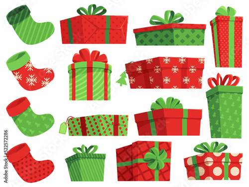 Christmas gifts. Xmas stocking for presents, wrapped boxes decorated for winter holidays. Gift box with dots, stripes and snowflakes pattern vector set