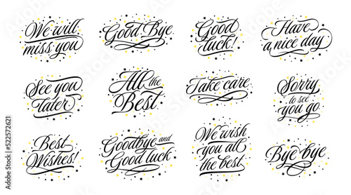Handwritten farewells. Goodbye message lettering, good luck tag and all the best. Typography farewell sign vector set