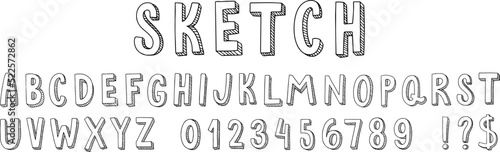 Hand drawn sketch font. Alphabet for doodle lettering, stylised numbers and letters. Perspective extrude with sketch lines vector set