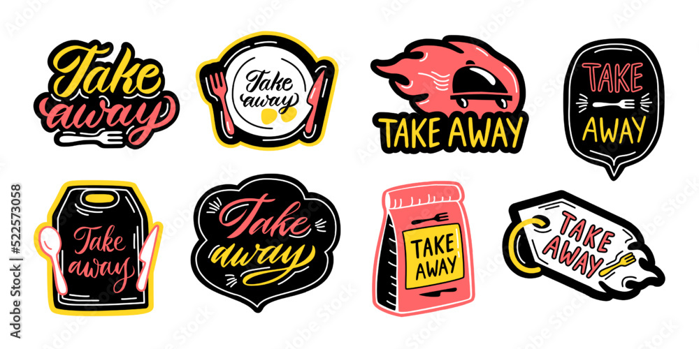 Take away lettering labels. Takeaway food tag for restaurant or delivery service flyer hand drawn vector set