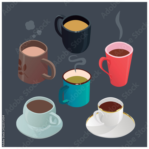 Collection of cups with hot drinks. Types of coffee, soup, hot chocolate, tea. Americano and latte macchiato. Isometric vector.