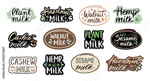 Plant milk lettering. Hazelnut, walnut, cashew nuts based product packaging design label. Sesame and hemp plants emblem vector set
