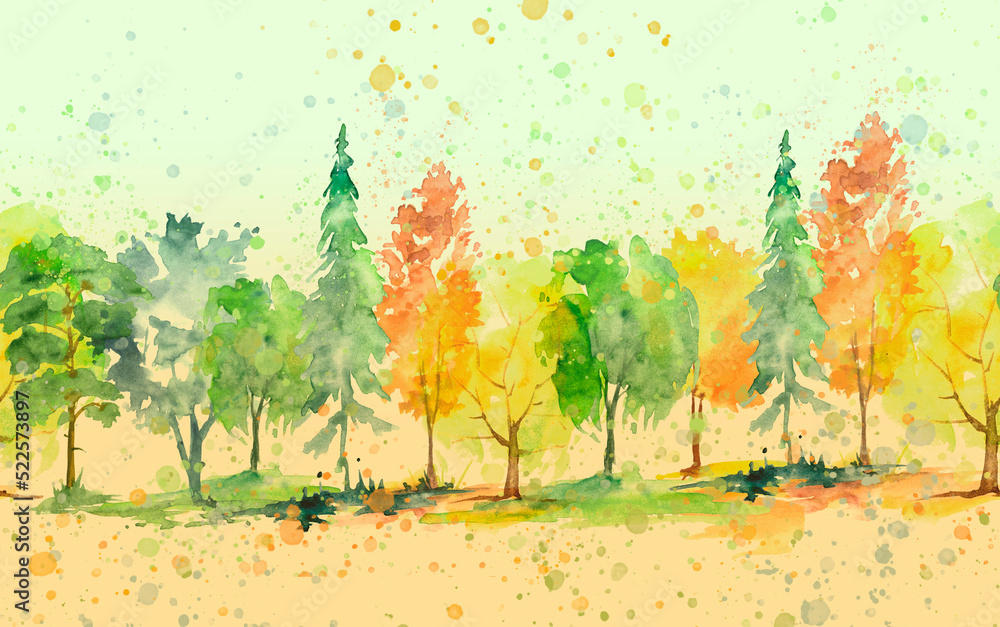 Watercolor autumn trees of yellow, red, orange color. Autumn forest,hill. Watercolor art background. Beautiful splash of paint. Abstract creative background. Country landscape, park. Eco poster