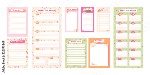 Cute planner templates. To do list with flower ornament, check list and note paper. Daily, weekly, monthly and yearly planners vector set