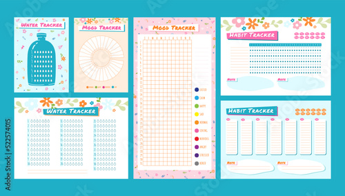 Cute tracker. Water hydrate journal, mood notes and habits trackers printable template vector set photo