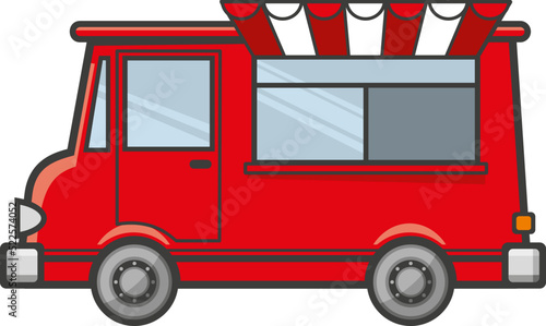 Street food track icon. Red van with striped awning