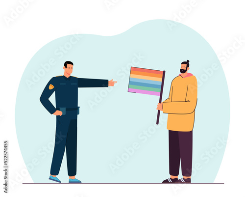 Police officer arresting man with LGBT flag. Man standing for rights of homosexual people flat vector illustration. Equality, violation of law concept for banner, website design or landing web page