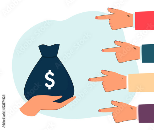 Hands pointing at bag of money flat vector illustration. Bag full of money on human hand. Finance, wealth, success, investment concept for banner, website design or landing web page
