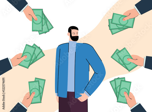 Displeased man surrounded by hands with money. Businessman refusing to take bribe flat vector illustration. Corruption, finance concept for banner, website design or landing web page
