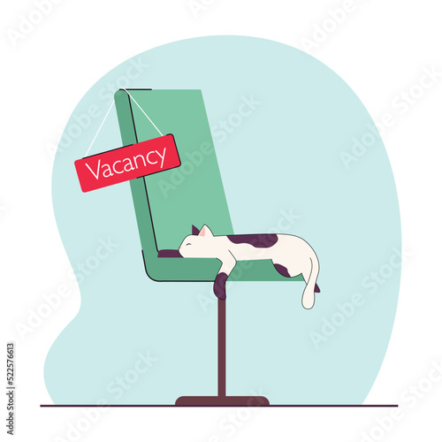 Office chair with vacancy sign flat vector illustration. Cat sleeping on chair. Company having open position. Career, recruitment, employment concept for banner, website design or landing web page