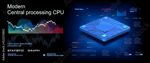 Realistic computer CPU chip. Powerful central processor in axonometric projection. New generation processor. Conceptual cyber banner with HUD elements