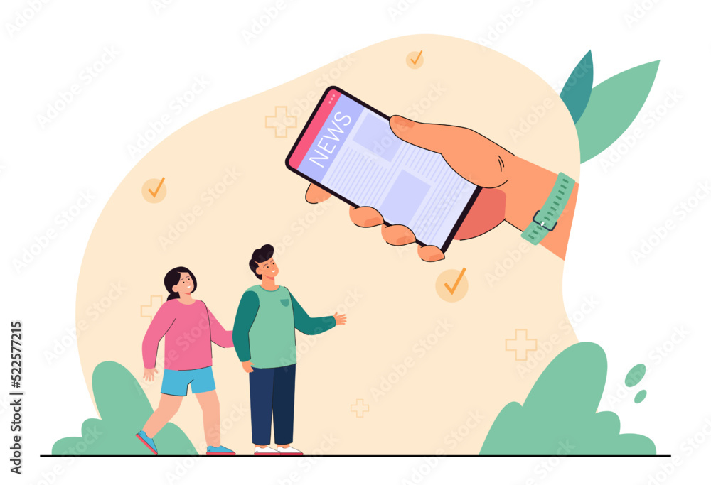 Kids looking at huge phone with news on its screen. Children reading news online using mobile app flat vector illustration. Internet, media concept for banner, website design or landing web page