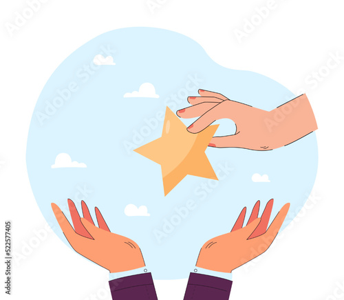Human hand giving star in caring hands flat vector illustration. Client rating service, giving feedback. Award, success, quality, evaluation concept for banner, website design or landing web page