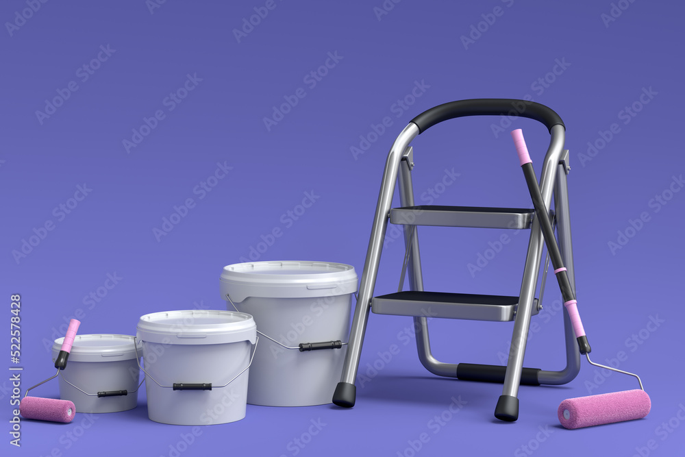 Set of metal cans or buckets with paint roller and folding ladder on violet Set of metal cans or buckets with paint roller and folding ladder on violet