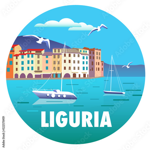 Liguria round vector illustration with a seascape, boats and urban landscape