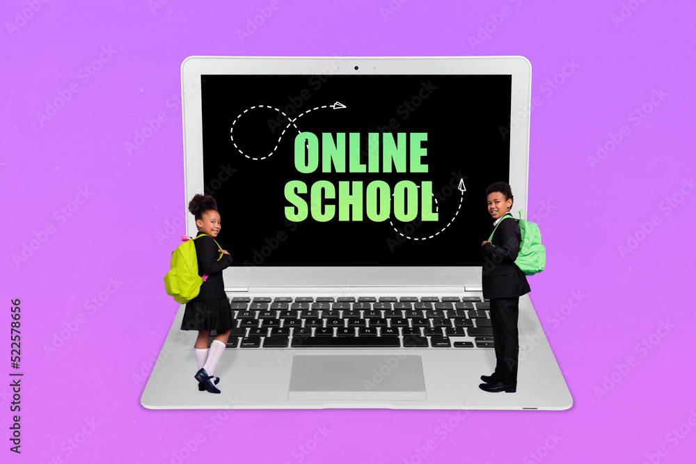 Creative collage picture of two small kids stand wireless netbook online school display text isolated on purple drawing background Creative collage picture of two small kids stand wireless netbook online school display text isolated on purple drawing background