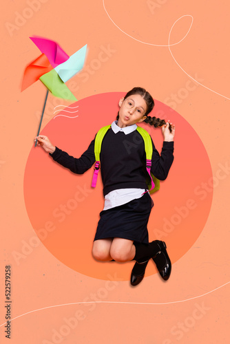 Vertical collage image of small girl hand hold big windmill spinner touch hair tail isolated on creative background