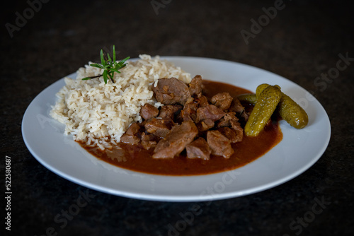 ready to eat - fresh venison goulash with rice and pickles