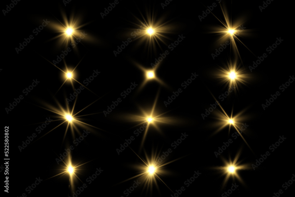 Shining golden stars. Light effects, glare, bokeh, glitter, explosion, golden light. Vector illustration. Shining golden stars. Light effects, glare, bokeh, glitter, explosion, golden light. Vector illustration.