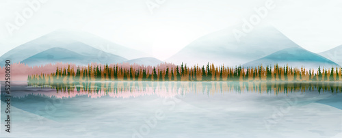 Watercolor art background with mountains and hills on the lake with autumn forest. Landscape banner in ink style for decoration, print, wallpaper, interior design.