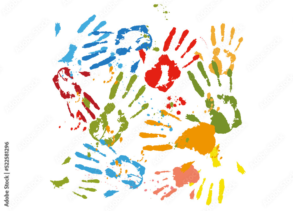 kunterbunte Handabdrücke von Kindern mit Kleckse kunterbunte Handabdrücke von Kindern mit Kleckse