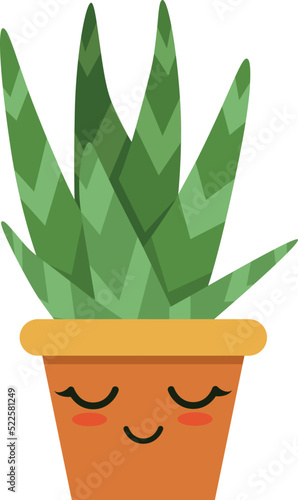 Aloe flowerpot with happy face. Kawaii smile houseplant