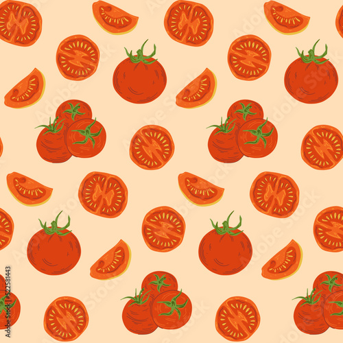 Tomato fresh seamless pattern on white background vector design. Red vegetable baground with bright tomatos illustration
