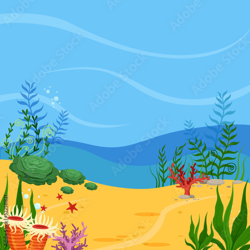 Underwater scene background. Ocean sand ground with corals and plants