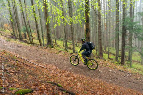 Man, cyclist in the helmet rides on the yellow enduro bicycle in the green forest