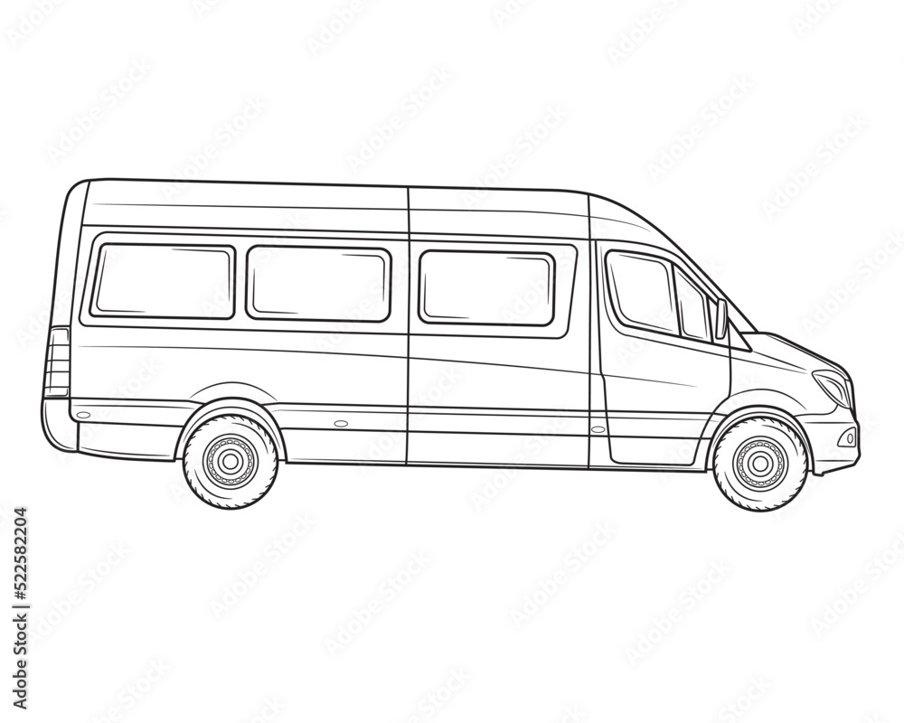 White commercial minibus. Profile view.Isolated on a white background