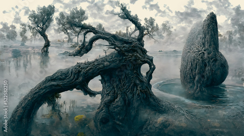 Artistic concept painting of a beautiful fantasy mystical tree landscape  surrealism. Tender and dreamy design  background illustration.