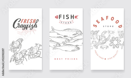 A set of vertical flyers for advertising a fish shop or seafood market. Illustrations for ocean products and fresh fish. Seafood labels for grocery, fishing, fish store.