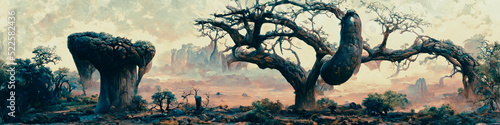 Artistic concept painting of a beautiful fantasy mystical tree landscape  surrealism. Tender and dreamy design  background illustration.