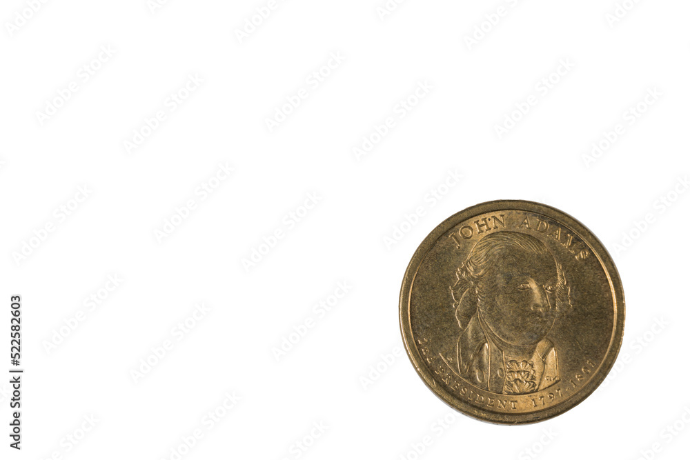 Close up of reverse side of one dollar coin, showing second President of United States, John Adams, on reverse side of coin. Close up of reverse side of one dollar coin, showing second President of United States, John Adams, on reverse side of coin.