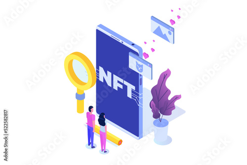  NFT theme isometric concept. Cryptographic art. Non-fungible token. Vector illustration. 
