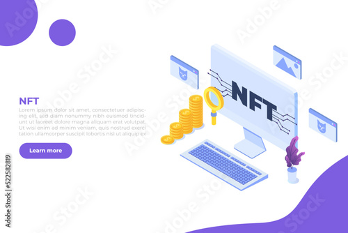  NFT theme isometric concept. Cryptographic art. Non-fungible token. Vector illustration. 
